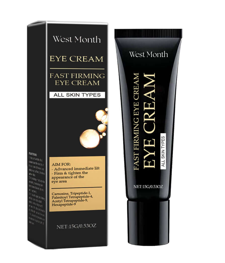 Fast Firming Eye Cream from West Month in a black tube with packaging information and ingredients for all skin types.