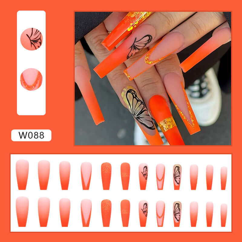 Finished Product Detachable Nail Polish Patch in vibrant orange with butterfly designs, perfect for nail art enthusiasts.