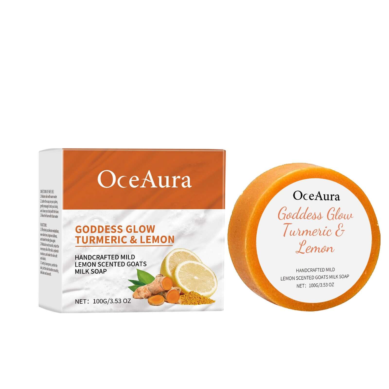 Goddess Glow Turmeric Lemon soap by OceAura, handcrafted with goats milk for moisturizing skincare.
