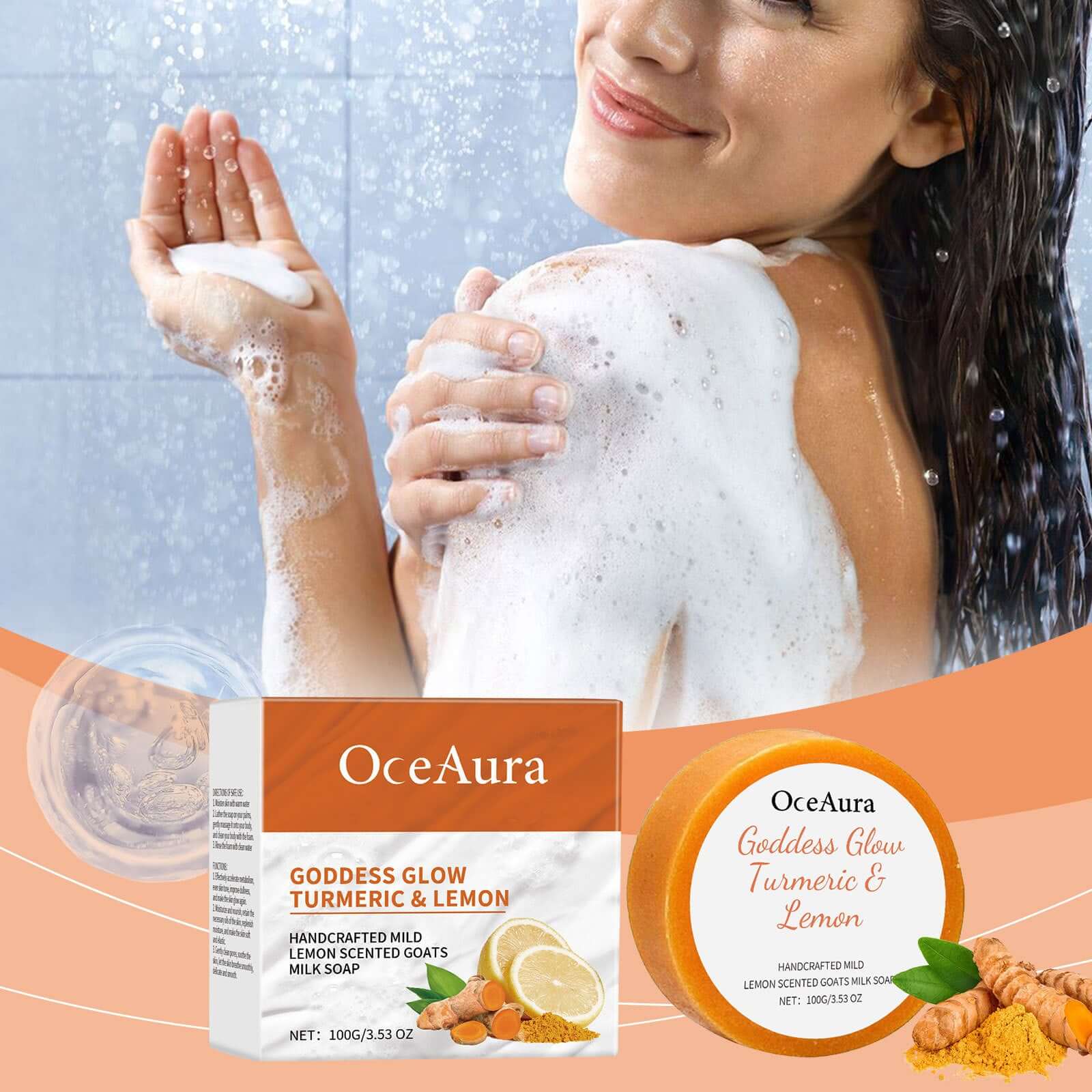 Moisturizing Turmeric Lemon Body Bath Soap with a woman enjoying a bubbly shower using OceAura soap.