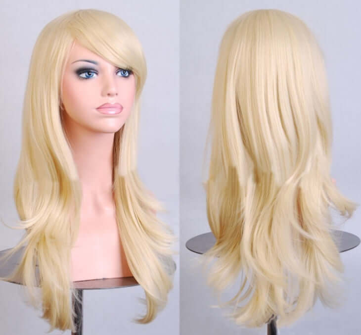 Long blonde cosplay wig from AliExpress, featuring a smooth and stylish design, perfect for anime costumes.