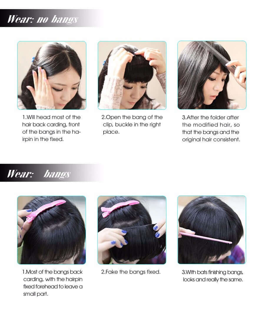 Step-by-step guide on how to wear synthetic hair bangs with clips for a seamless look.