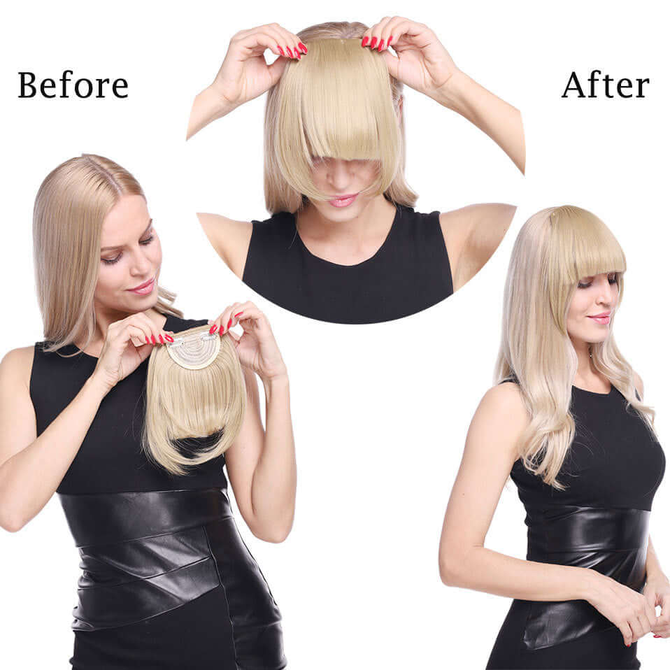 Before and after images showcasing synthetic fake bangs hairpiece attachment for easy styling.