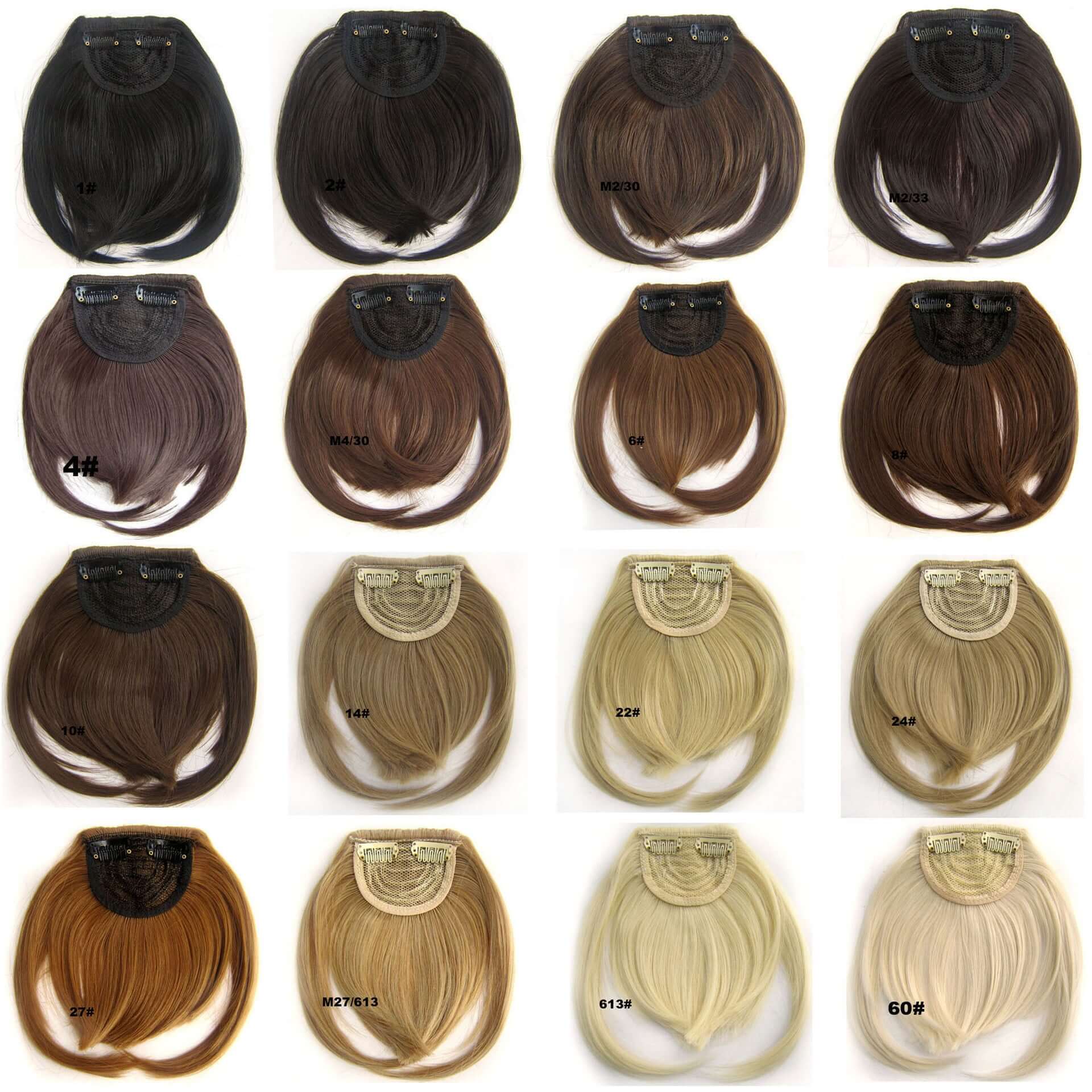 Collection of synthetic fake hair bangs in various colors and lengths, showcasing stylish hairpiece accessories.