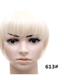 Synthetic fake bangs hairpiece on a mannequin head, featuring a straight texture in light blonde color.