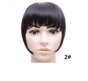 Synthetic hair bangs hairpiece displayed on a mannequin, showcasing a straight black style with blunt cut fringes.