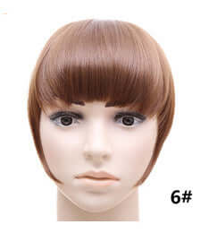 Synthetic hair bangs hairpiece on a mannequin head, 22cm length, straight texture, easy to apply and portable.