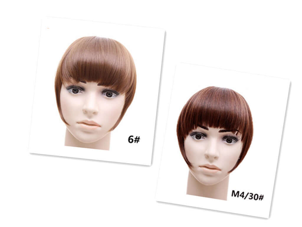 Synthetic hair bangs accessories in colors 6# and M4/30# displayed on mannequin heads.