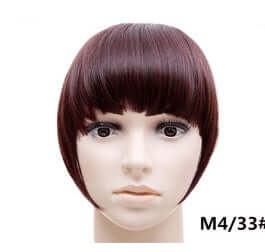 Synthetic hair bangs hairpiece in straight style, 22cm length, on a mannequin head.