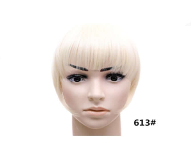 Synthetic straight hair bangs hairpiece on a mannequin head, 22cm length, color 613#, easy to apply, portable accessories.