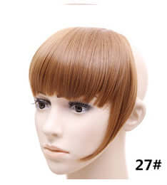 Synthetic hair bangs hairpiece on a mannequin head, featuring straight texture and a light brown color.
