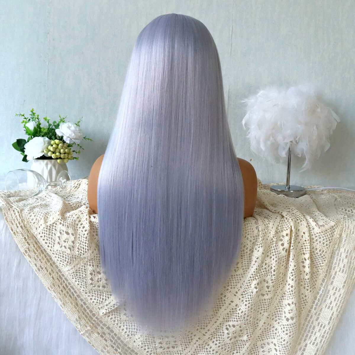 Long purple straight lace wig with natural finish, showcasing back view, suitable for ladies.