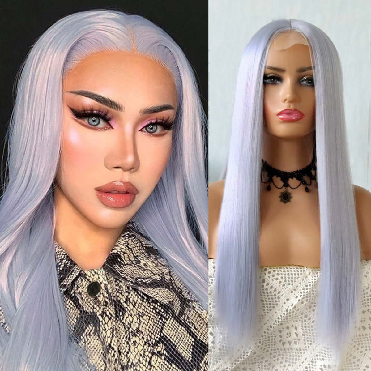 Purple straight hair lace wig displayed on a model and mannequin, featuring high temperature fiber material and stylish bangs.