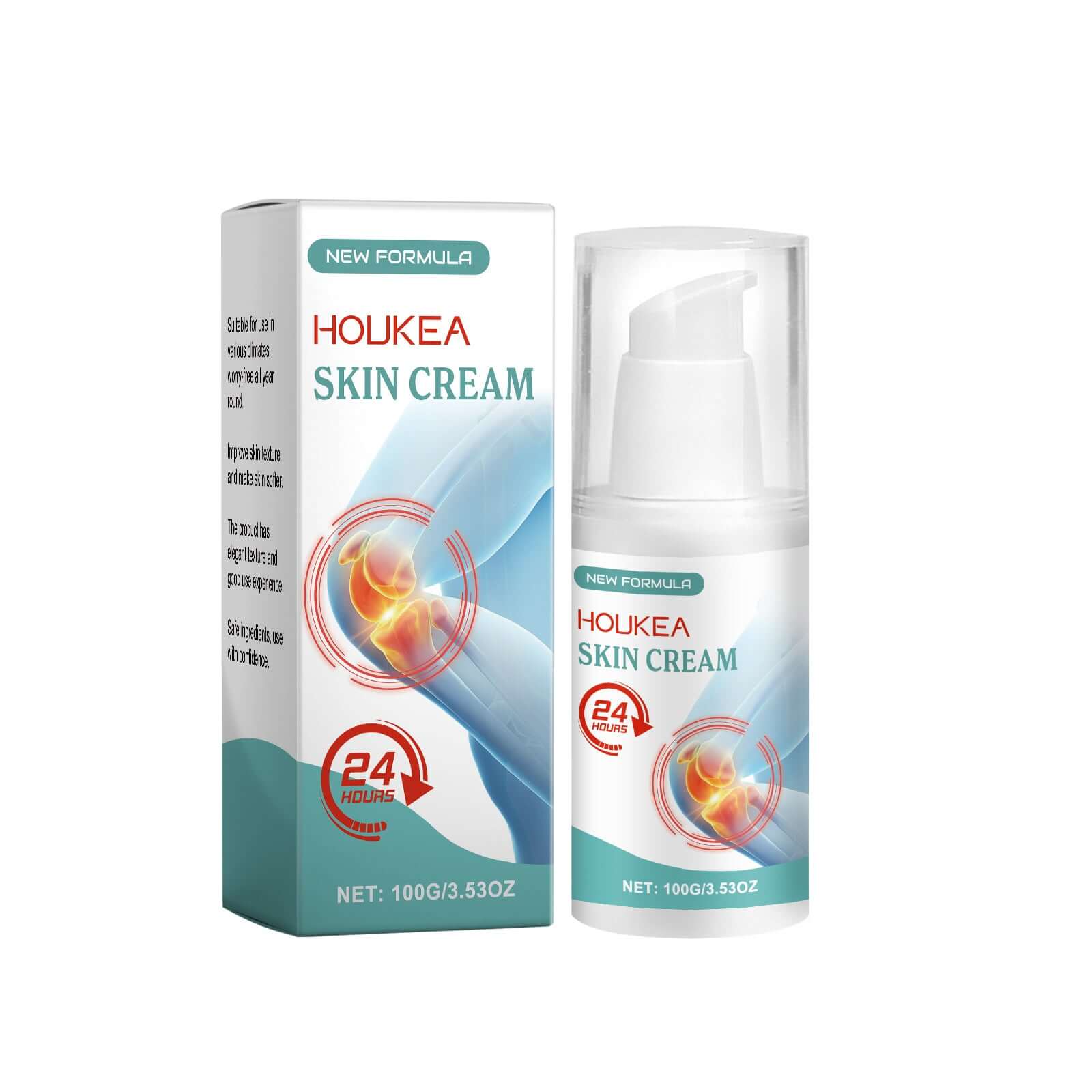 Houkea skin cream packaging and pump bottle, 100g, designed for 24-hour moisturizing body care.