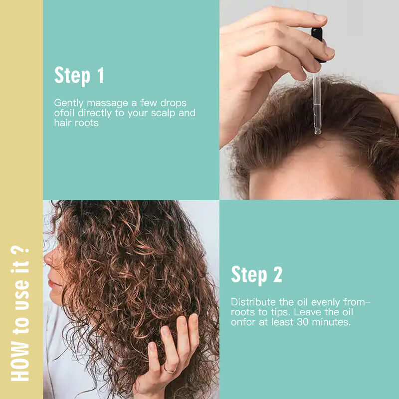 Illustration showing steps for using hair care essential oils: massage into scalp and distribute through hair.