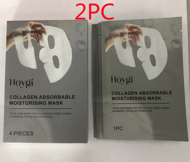 Hoygi collagen absorbable moisturizing mask packaging showcasing 1 piece and 4 pieces for anti-aging and hydration.