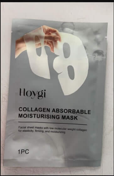 Hoygi collagen absorbable moisturizing mask packaging for elasticity and firming, enriched with low molecular weight collagen.