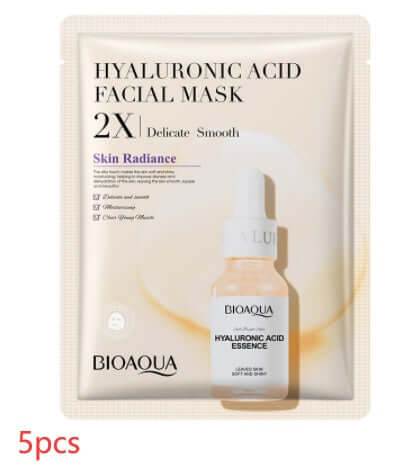 Hyaluronic Acid Facial Mask pack by BioAqua for smooth, radiant skin, includes 5 pieces for deep hydration.