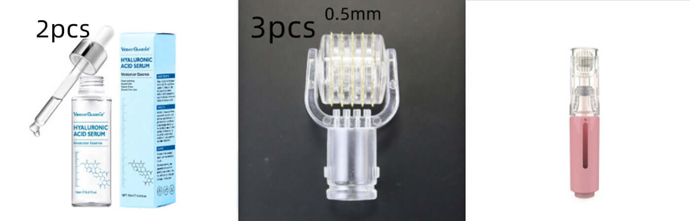 Hyaluronic acid serum and microneedling device set for facial rejuvenation and skin care.