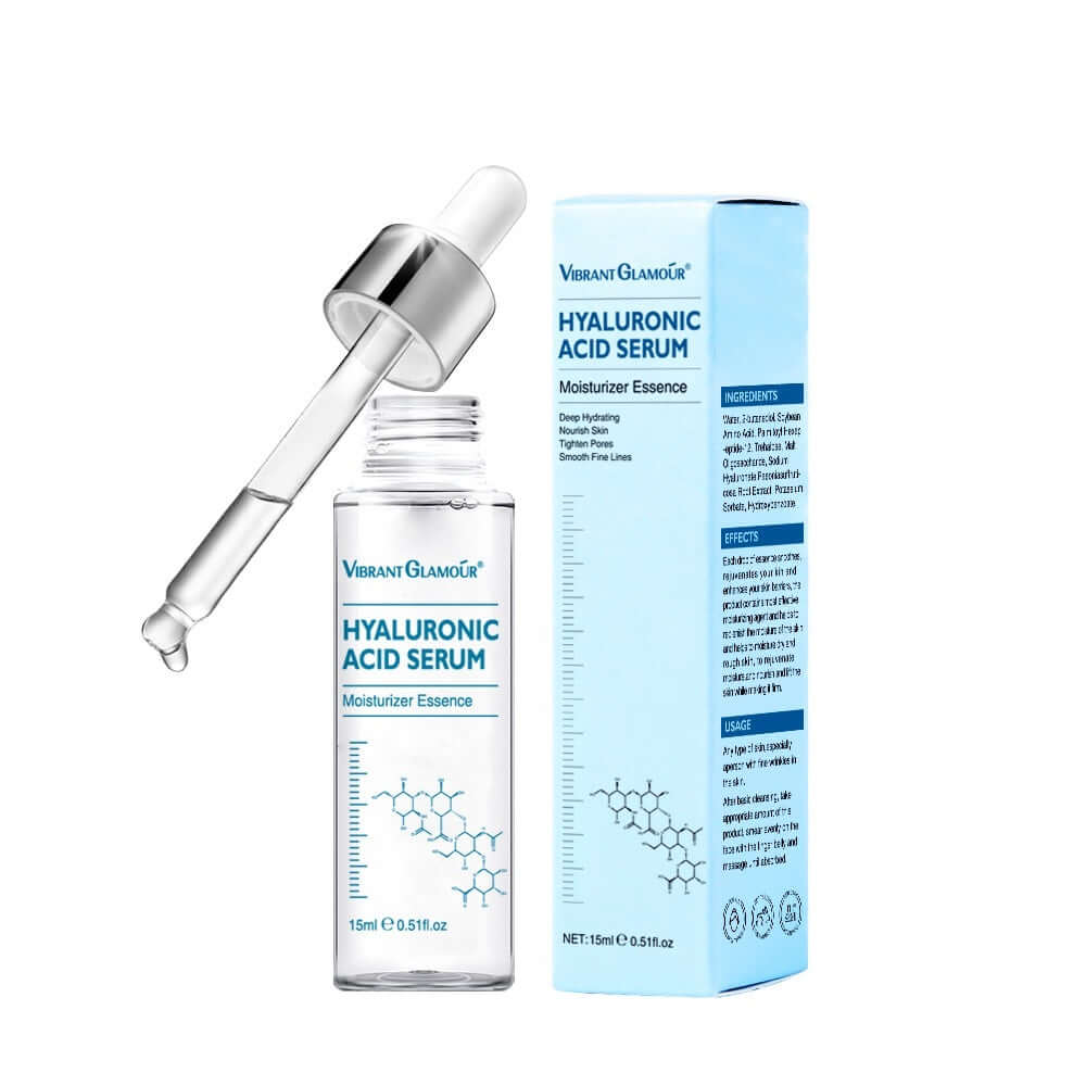 Hyaluronic Acid Serum for deep hydration, moisturizer essence in a clear glass bottle with dropper and blue packaging.