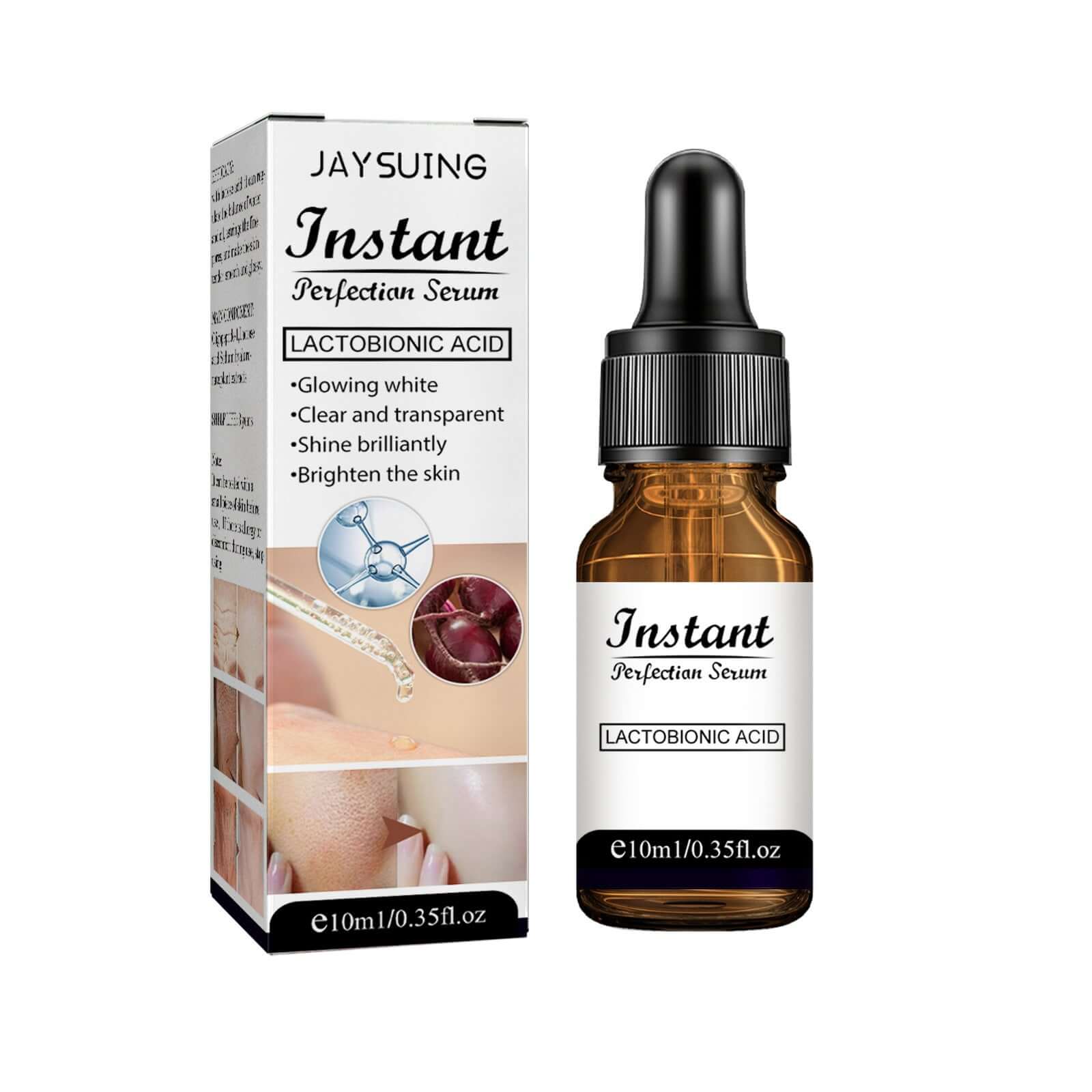 JAYSUING Instant Perfection Serum with Lactobionic Acid in a 10ml bottle for glowing, clear, and bright skin.