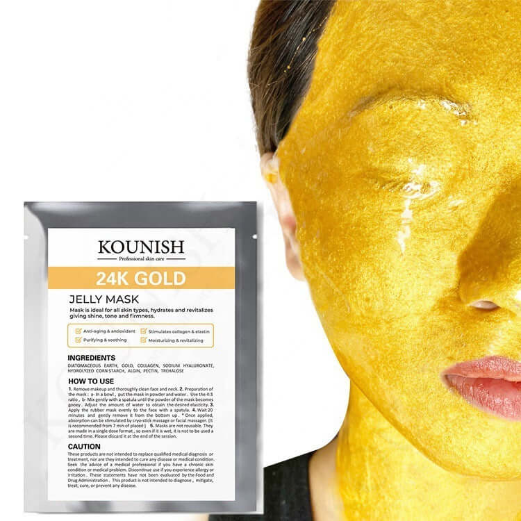 Kounish 24K Gold Jelly Mask applied to the face, promoting hydration and revitalization for glowing skin.