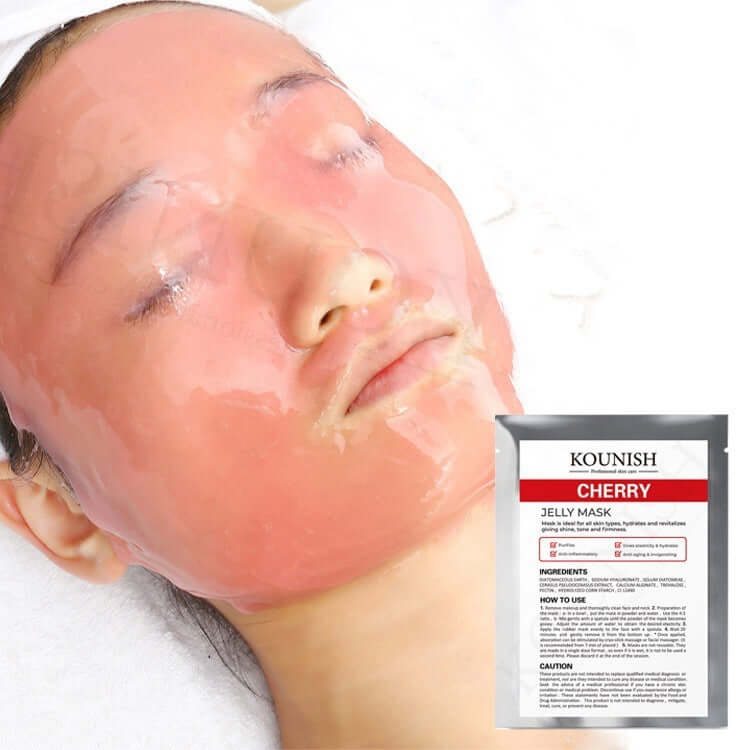 Woman using Kounish cherry jelly mask for moisturizing and soothing skincare treatment.