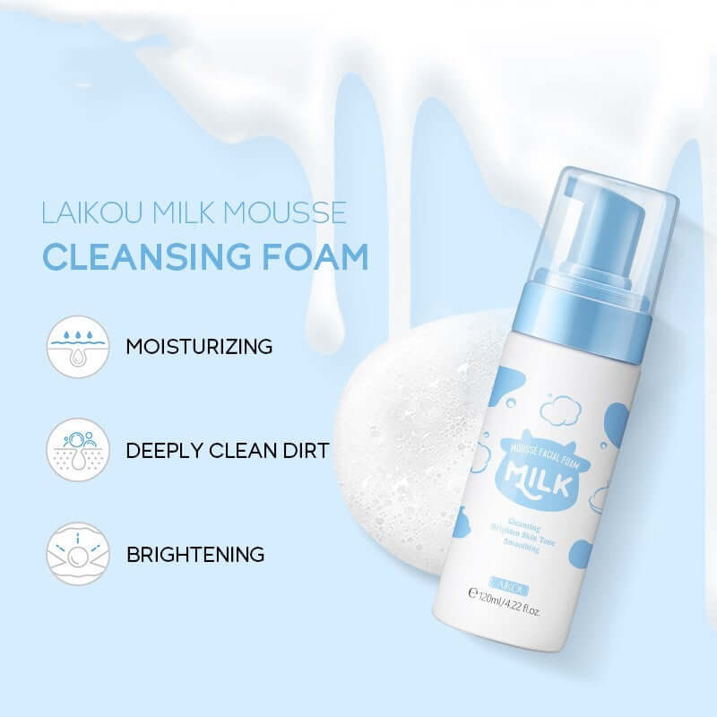 120ml Laikou Milk Mousse Cleansing Foam for deep cleaning, moisturizing, and brightening skincare.