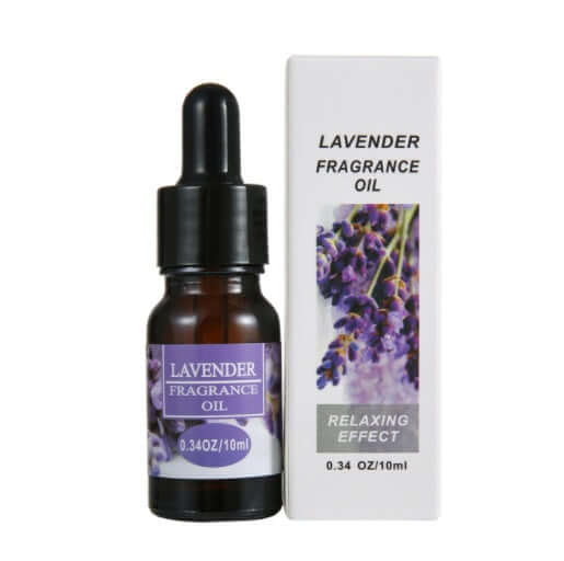 Lavender fragrance oil bottle with dropper and box, promoting relaxation and soothing aromas for aromatherapy.