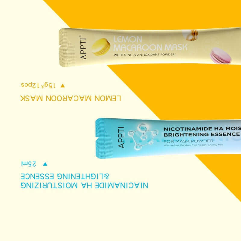 Lemon Macron Mask and Niacinamide HA Moisturizing Essence mask powders by APPTI, both designed for skin whitening and brightening.