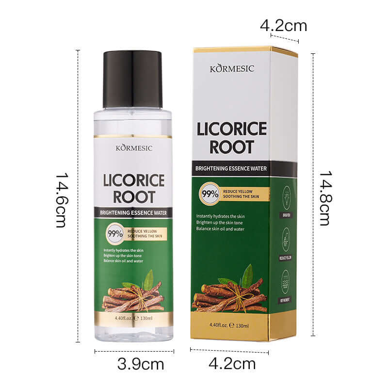 Licorice Root Brightening Essence Water, 130ml bottle with packaging for skincare, designed to hydrate and enhance skin tone.