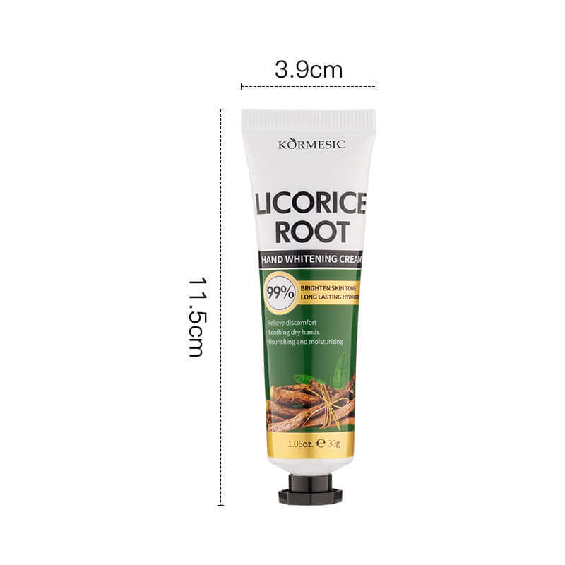 Licorice root hand whitening cream in a 30g tube, promoting brightening and moisturizing for healthy skin.