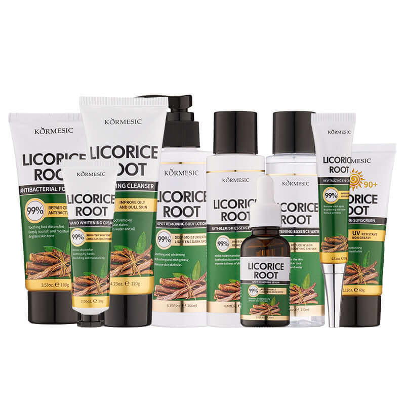 Skincare product series featuring licorice root hand cream, cleanser, essence, and more for body care.
