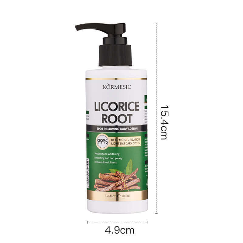 Licorice root spot removing body lotion in a 200ml pump bottle, designed for moisturizing and reducing dark spots.