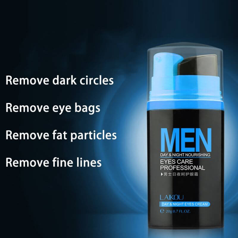 Lycra Men's Eye Cream bottle promoting removal of dark circles, eye bags, fat particles, and fine lines with a sleek design.