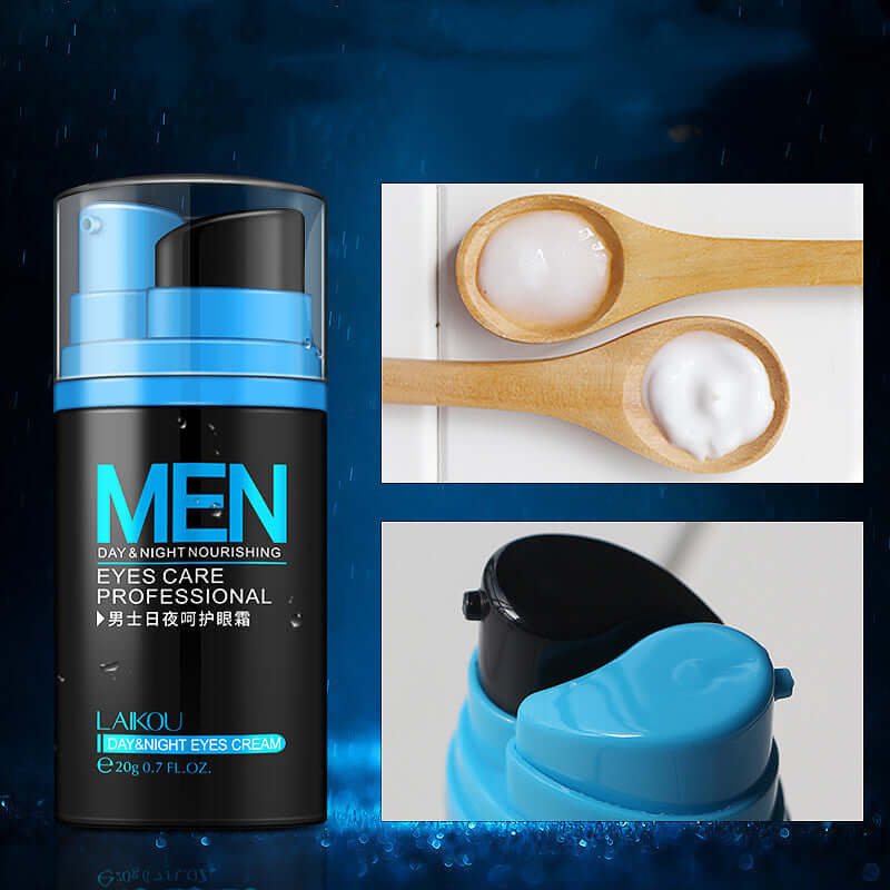 Lycra Men's Eye Cream in a sleek black bottle, with a close-up of creamy texture on a wooden spoon.