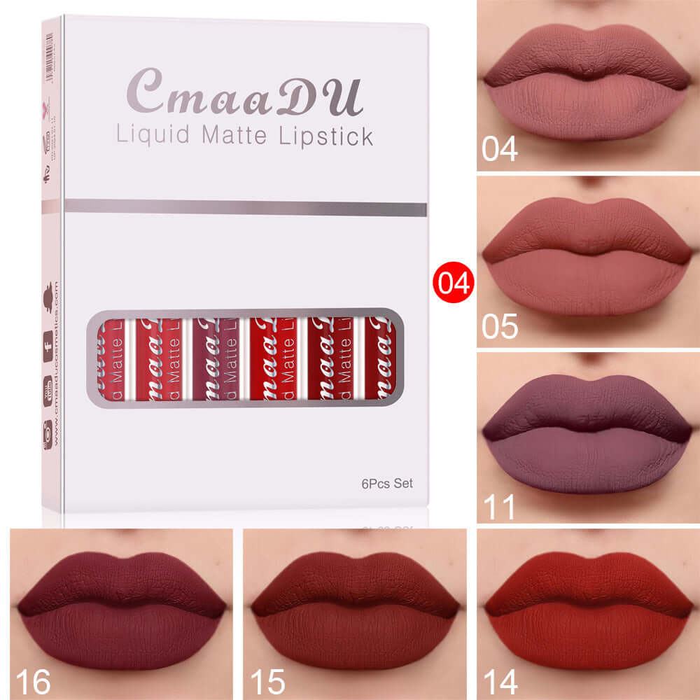 6 Boxes of Matte Non-stick Waterproof Lipstick Set with Swatches of Long Lasting Lip Gloss Colors