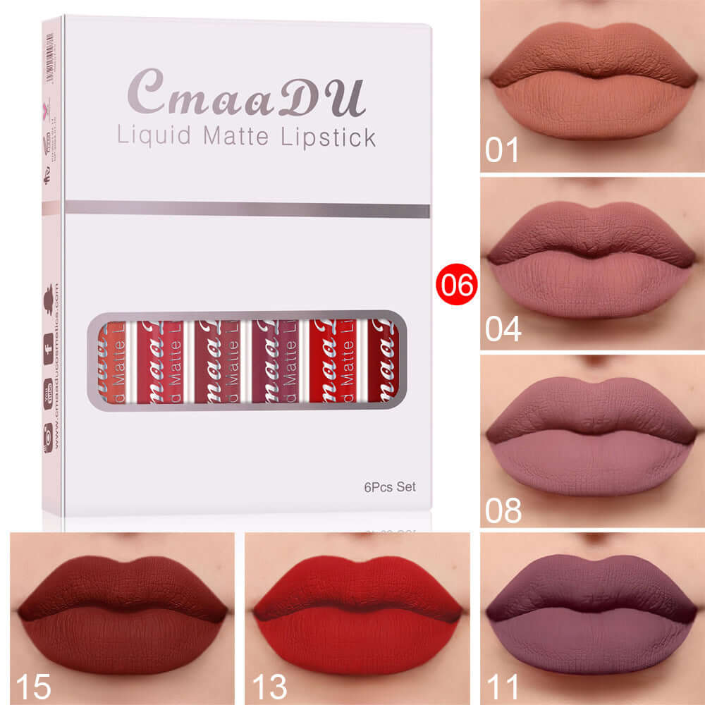 Cmaadu liquid matte lipstick set with six shades in a stylish box, showcasing swatches on lips.