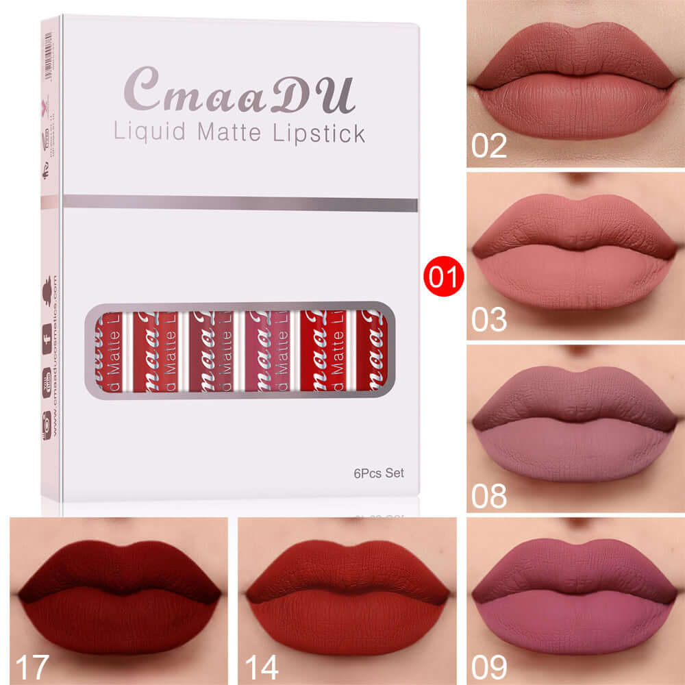 6 Boxes of Matte Non-stick Lipstick Set with swatches, long-lasting lip gloss for vibrant lips.