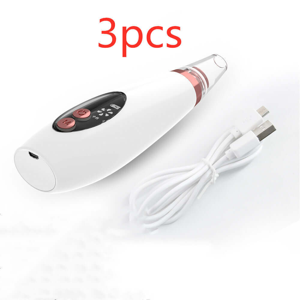 Microcrystalline blackhead remover with suction power, includes USB charging cable, ideal for household cosmetic use.