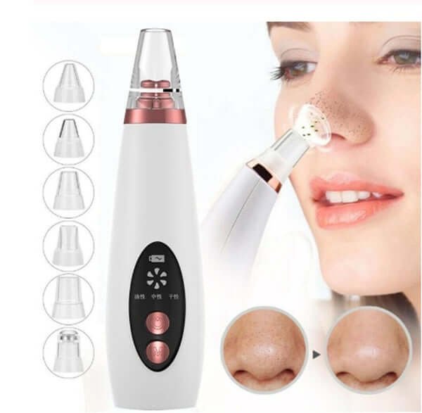 Microcrystalline blackhead remover device with various suction heads, designed for effective facial pore cleaning.