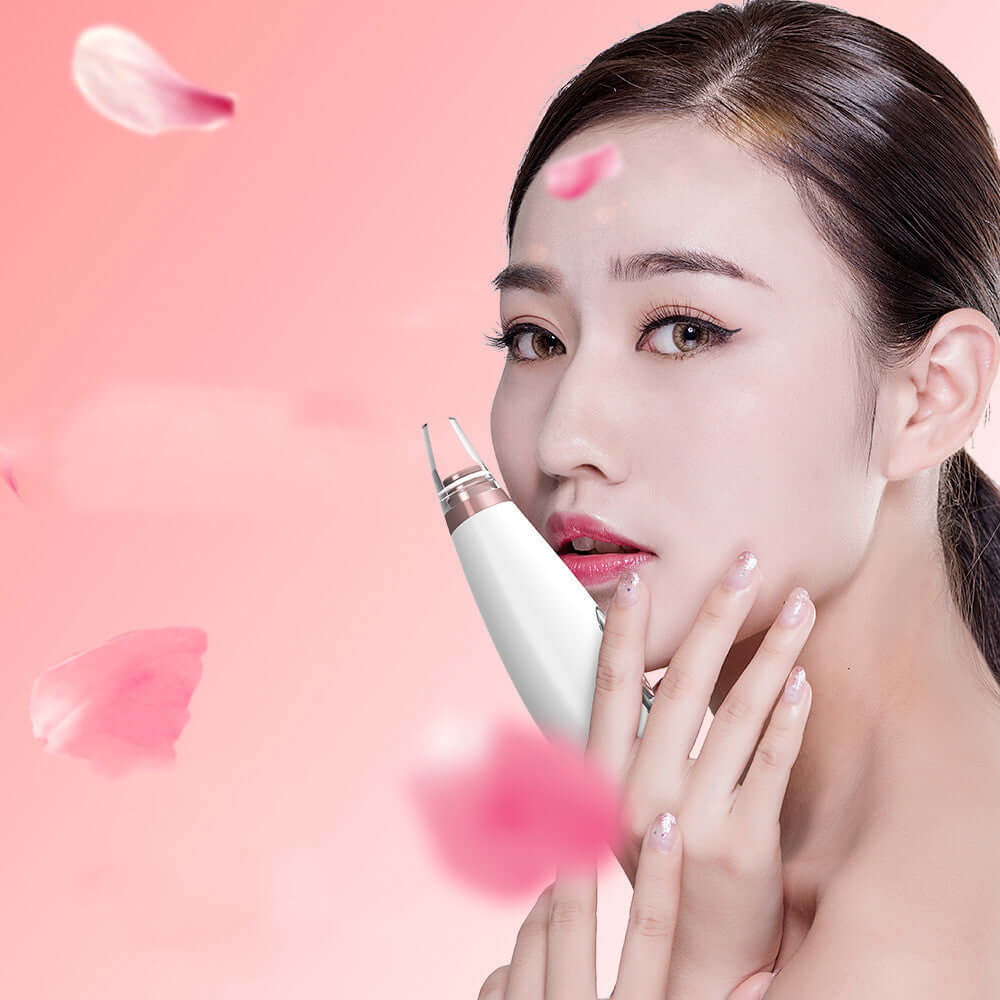 Woman using a Microcrystalline Blackhead Remover, showcasing household cosmetic beauty technology with pink petals.