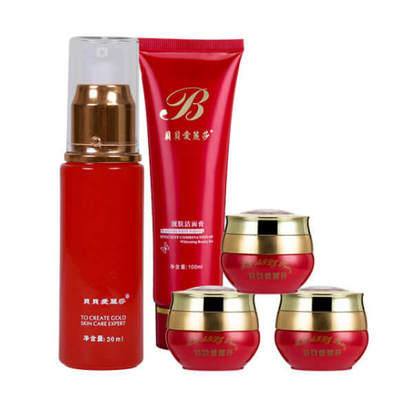 Moisturizing skin care facial set for oil control and shrinking pores, featuring various skin care products in red packaging.