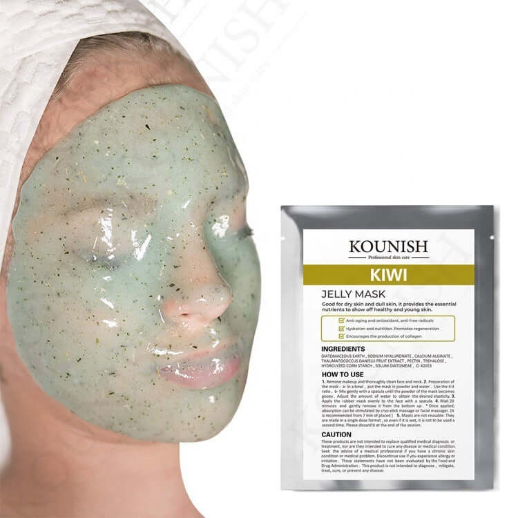 Kiwi jelly mask applied on a woman's face for moisturizing and skin benefits, with packaging visible.