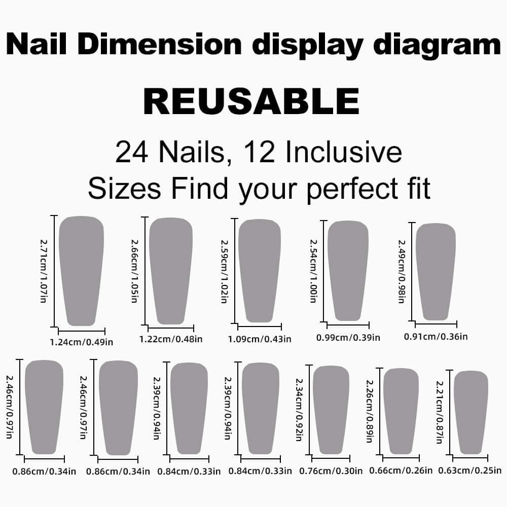 Nail dimension guide showing 24 reusable false nails in 12 sizes for women to find the perfect fit.