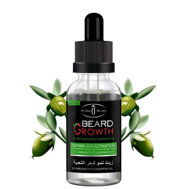 Beard growth essential oil bottle featuring natural ingredients for hair regeneration and beard nourishment.