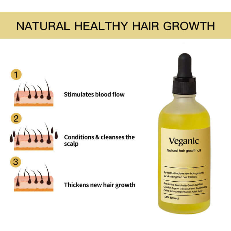 Vegan hair growth oil in a bottle, promoting natural healthy hair growth and scalp conditioning.