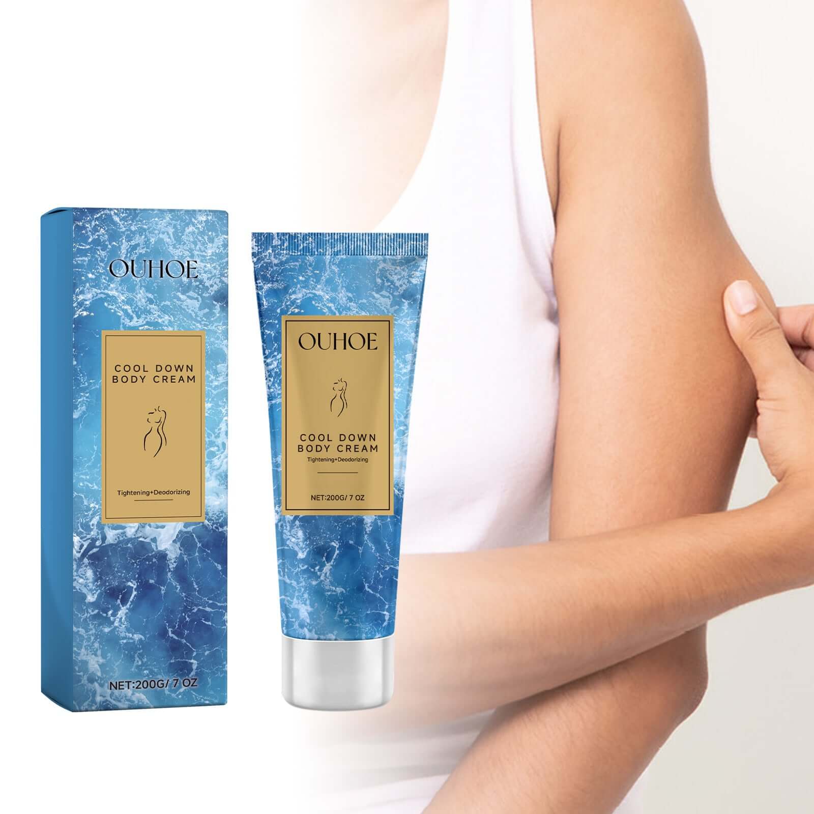 Cool Down Body Cream for sunburn relief, featuring aloe vera and vitamin E, packaged in a stylish blue tube.