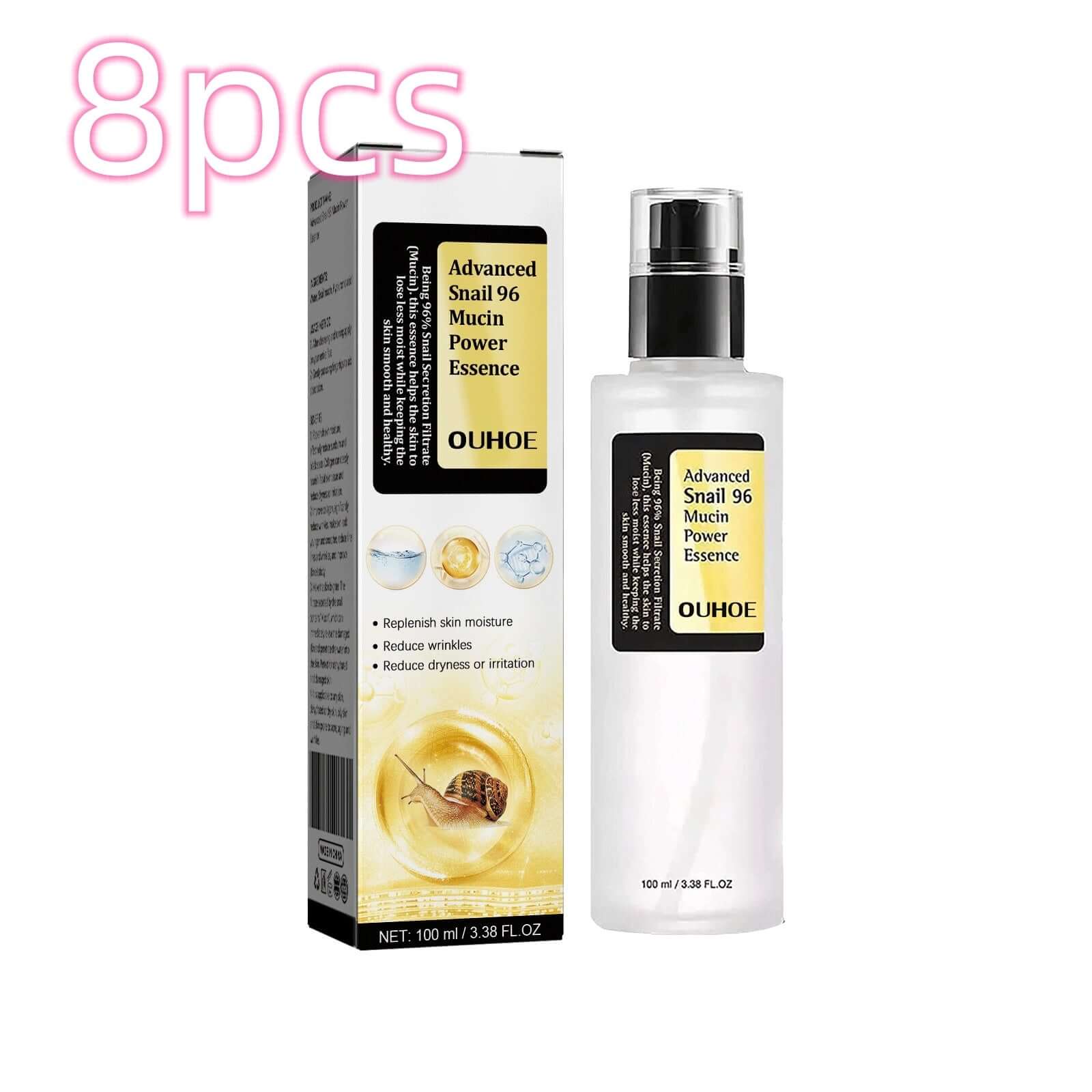 OUHOE Advanced Snail 96 Mucin Power Essence, 100ml hydrating facial serum for nourishing and firming skin.