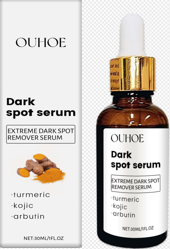 OUHOE Dark Spot Serum with turmeric, kojic acid, and arbutin in a 30ml bottle for extreme dark spot removal.